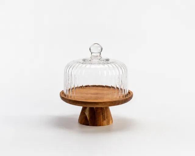 „Cake“ Akazienholz Servierplatte auf Fuß mit Glasglocke – 26cm